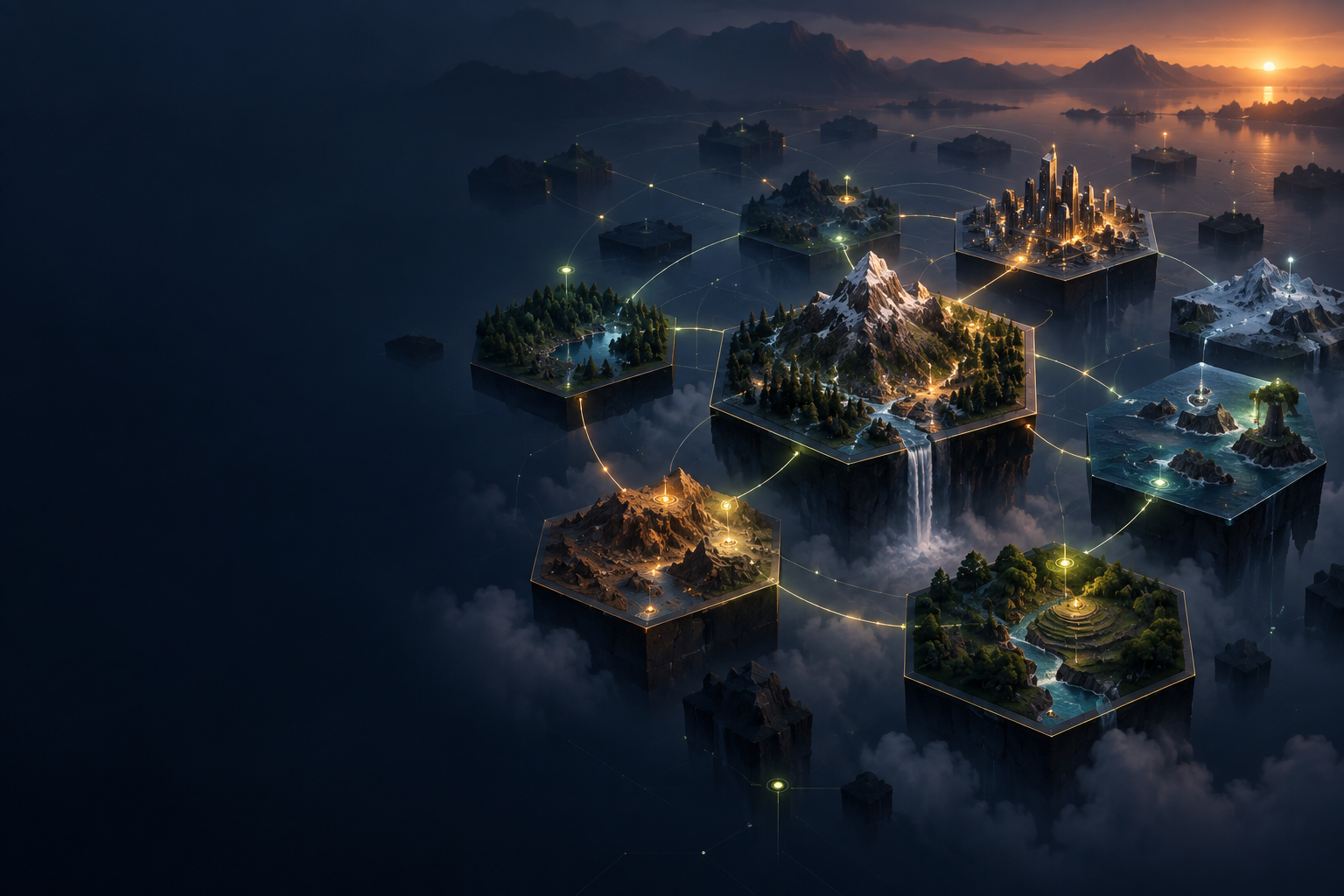 A network of floating strategy-game worlds connected by glowing paths